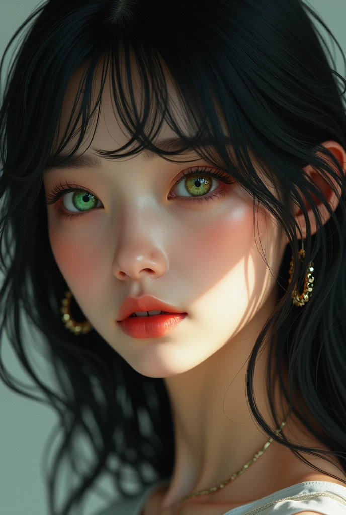 Very beautiful 25 year old woman, one green eye and one hazel eye, black hair with curtain bangs