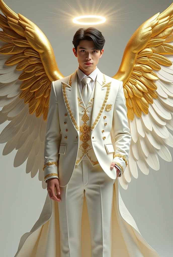 20 year old white skinned boy 
Handsome 
White skin 
Pale skin 
European Italian traits 
White skin, elegantly combed black hair
Bright red eyes
Wearing an elegant and expensive white suit with gold details, with an angel halo on the head
Sixteen pairs of golden angel wings 