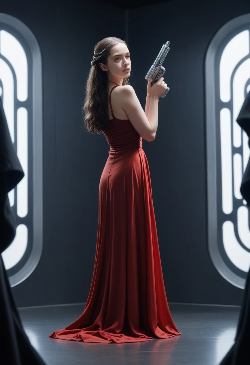 obra maestra, mejor calidad, Emilia Clarke as Qi'ra, behind is standing Darth Maul, brunette curly long hair, sitting in a futuristic room throne room near a window at night, wide open eyes, wears a mini red futuristic dress , misterious, masterpiece, 8k, dinamic pose, holding a star wars gun, 