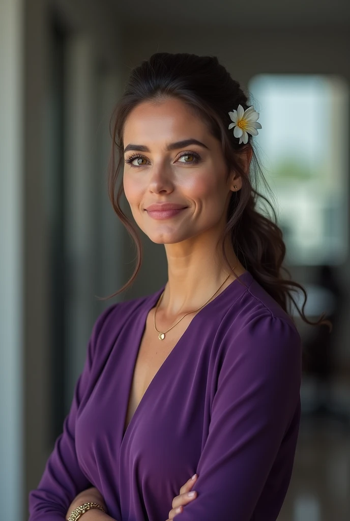 Image of a 40 year old Brazilian woman, Brunetette, clear eyes, tied hair, smirk on face, flower in hair, gold necklace around the neck and a well-behaved purple dress, in a corporate environment.