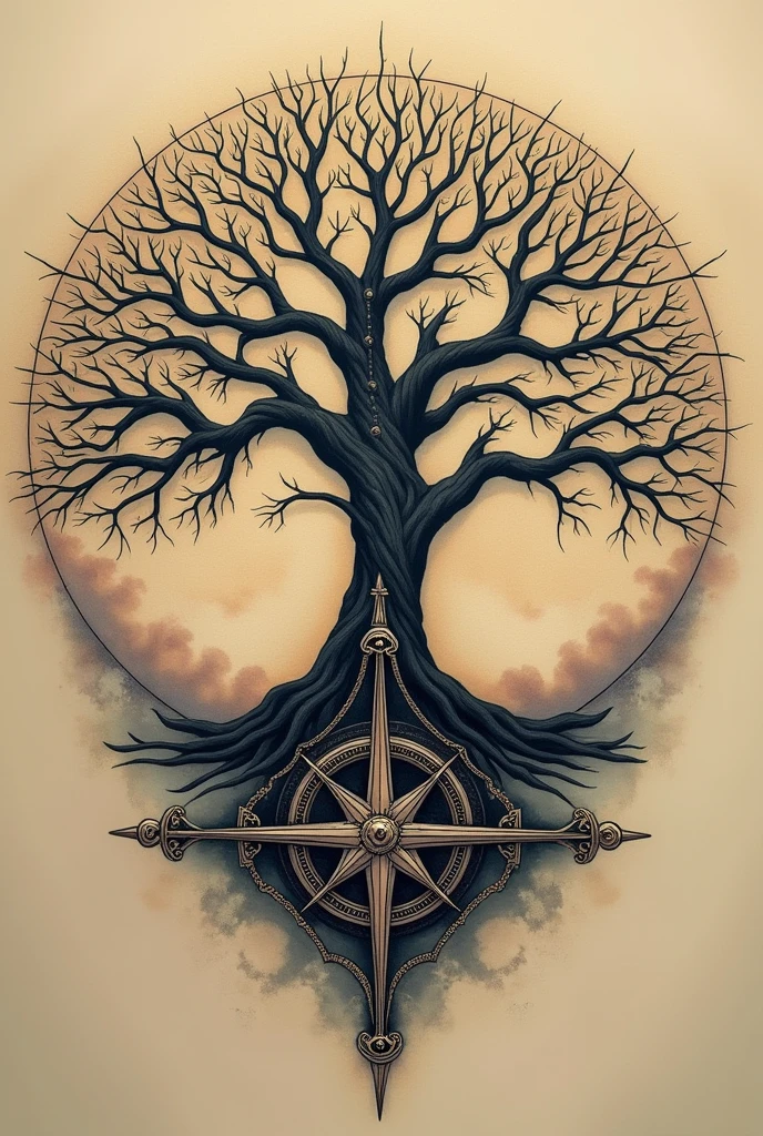 Tattoo of a tree of life with a compass rose
