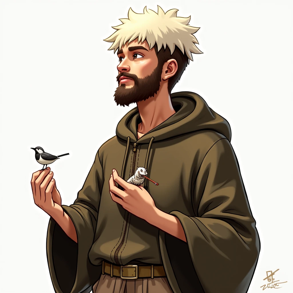 based on the reference image, create a background with several animals in the scene and that same character paying attention to the animals, a wolf, bird and sheep