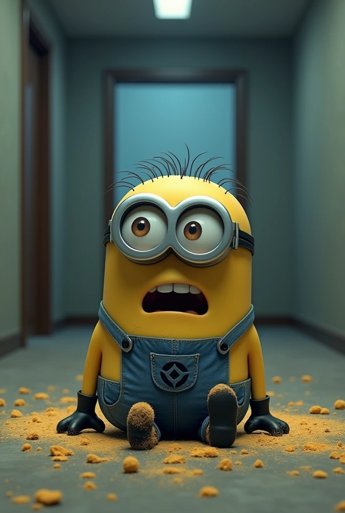 Minion sits in shock in an empty room covered in