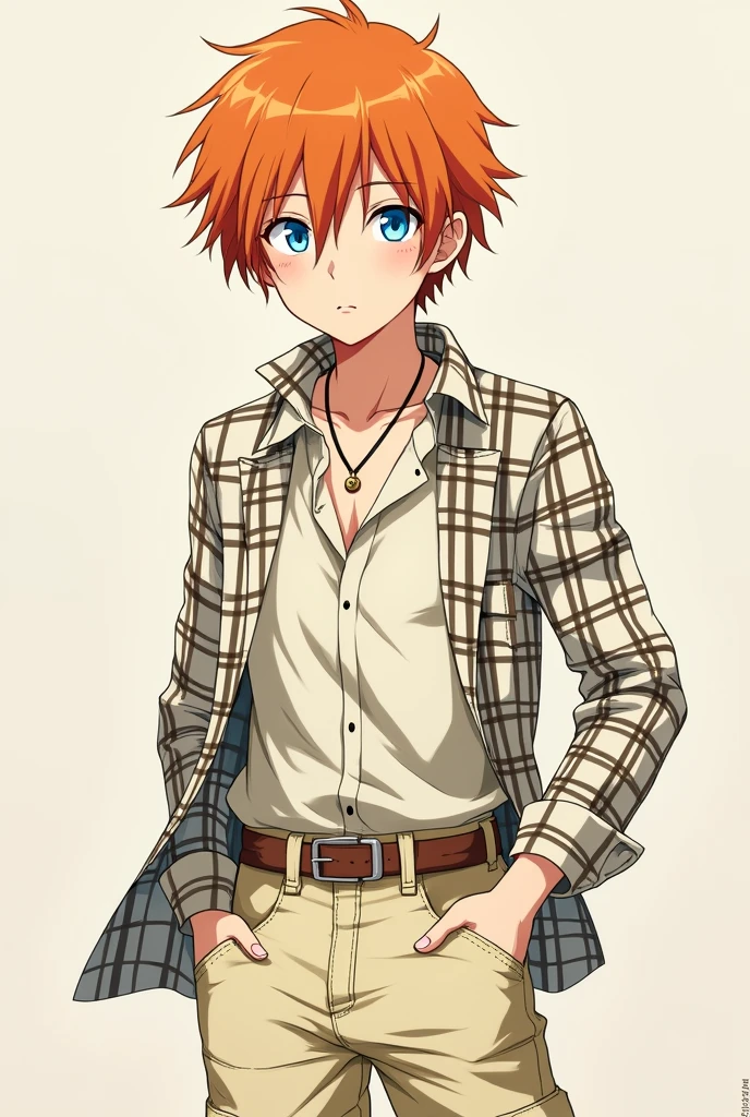 Chuuya Nakahara with orange hair and blue eyes from the anime Bungo Stray Dogs with a cream-colored plaid shirt and cream skini cargo-style pants that have a touch of Mexican cholo 