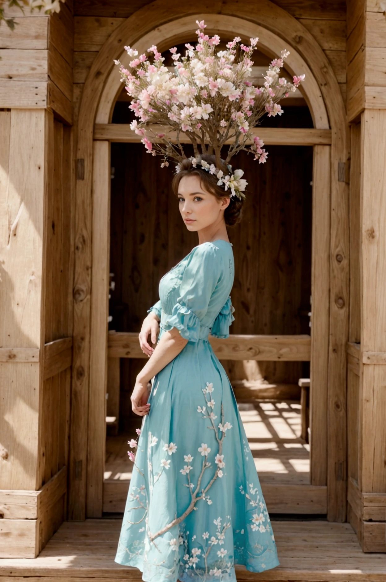 Un jolie paysage avec des jolies fleurs , un jolie arbre avec des oiseaux , des jolies animaux et une jolie femme style americain du colorado
