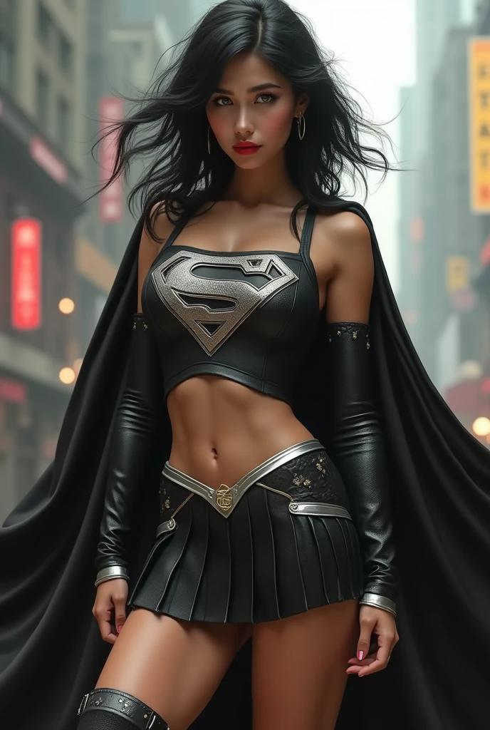 A BUSTY SEXY FEMALE WITH MEDIUM LONG MESSY BLACK HAIR, DREAMY GREEN EYES, WEARING A ONE PIECE BLACK SUPERGIRL TOP WITH A BIG SHINY SILVER "S" EMBLEM ON HER CHEST, A PLEATED SHORT BLACK SKIRT WITH A SILVER LEATHER BELT, LONG BLACK BOOTS WITH SILVER TRIM, AND A LONG BLACK CAPE. RED LIPSTICK, RED FINGERNAILS. INCREDIBLY DETAILED GLOWING SKIN, INCREDIBLEY DETAILED FACE, INCREDIDBLEY DETAILED CLOTHING, TEXTURED SKIN PORES, TEXTURED HAIR, 8K ABSURD RESOLUTION, MASTERPIECE. PHOTO REALSITIC, HYPER REALISTIC. CHAOTIC BACKGROUND. 16K RESOLUTION. PREFESSIONAL GRADE IMAGE.