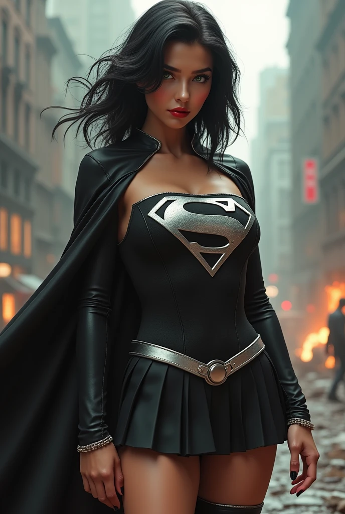A BUSTY SEXY FEMALE WITH MEDIUM LONG MESSY BLACK HAIR, DREAMY GREEN EYES, WEARING A ONE PIECE BLACK SUPERGIRL TOP WITH A BIG SHINY SILVER "S" EMBLEM ON HER CHEST, A PLEATED SHORT BLACK SKIRT WITH A SILVER LEATHER BELT, LONG BLACK BOOTS WITH SILVER TRIM, AND A LONG BLACK CAPE. RED LIPSTICK, RED FINGERNAILS. INCREDIBLY DETAILED GLOWING SKIN, INCREDIBLEY DETAILED FACE, INCREDIDBLEY DETAILED CLOTHING, TEXTURED SKIN PORES, TEXTURED HAIR, 8K ABSURD RESOLUTION, MASTERPIECE. PHOTO REALSITIC, HYPER REALISTIC. CHAOTIC BACKGROUND. 16K RESOLUTION. PREFESSIONAL GRADE IMAGE.