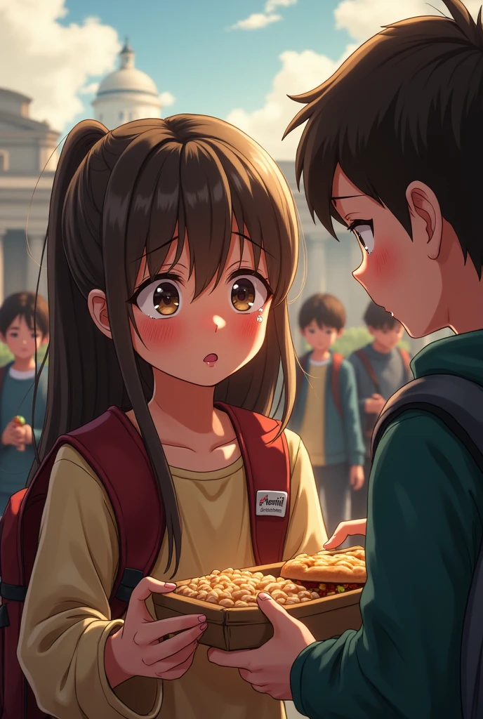 On a tour One student crying because he lost his lunch box with a teacher, another student with food
