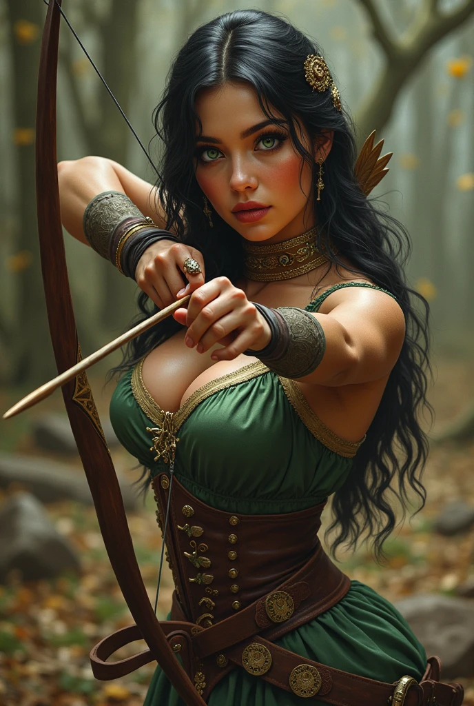 Extremely beautiful woman of Apache and English descent, her features are fine, but her skin is cinnamon-colored with green eyes., body with perfect curves, She is in Victorian times dressed as a Robin Hood taking her bow and arrow. 