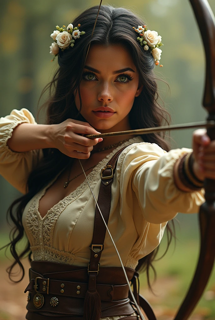 Extremely beautiful woman of Apache and English descent, her features are fine, but her skin is cinnamon-colored with green eyes., body with perfect curves, She is in Victorian times dressed as a Robin Hood taking her bow and arrow.