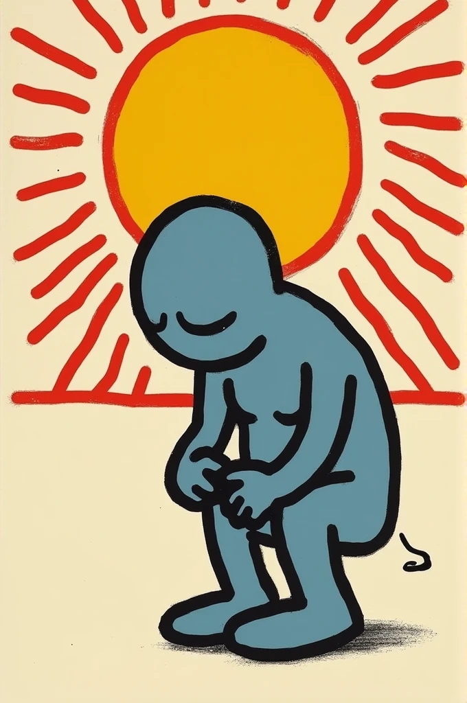 Create an image of a sad figure in the style of Keith Haring. The figure should have the iconic thick black outlines and simple, bold shapes typical of Haring's work. The character can be shown with a drooped posture or slouched shoulders to convey sadness. Use a limited color palette with bright primary colors like red, yellow, or blue for contrast, but the figure itself should appear more subdued in color to highlight the emotion. The background should be plain or feature simple patterns reminiscent of Haring's signature style