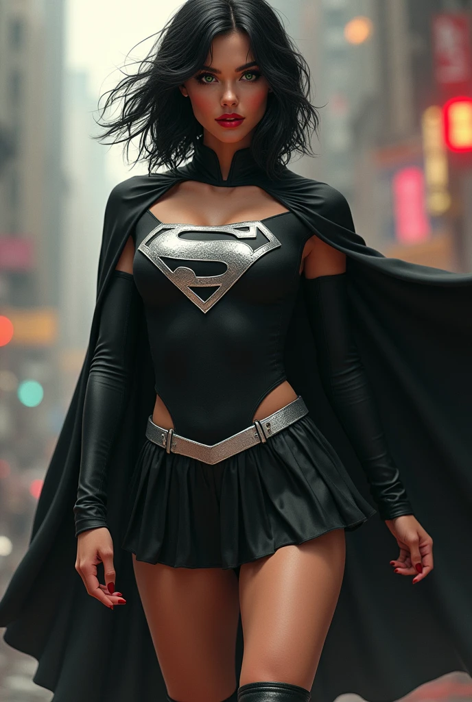 A BUSTY SEXY FEMALE WITH MEDIUM LONG MESSY BLACK HAIR, DREAMY GREEN EYES, WEARING A ONE PIECE BLACK SUPERGIRL TOP WITH A BIG SHINY SILVER "S" EMBLEM ON HER CHEST, A PLEATED SHORT BLACK SKIRT WITH A SILVER LEATHER BELT, LONG BLACK BOOTS WITH SILVER TRIM, AND A LONG BLACK CAPE. RED LIPSTICK, RED FINGERNAILS. INCREDIBLY DETAILED GLOWING SKIN, INCREDIBLEY DETAILED FACE, INCREDIDBLEY DETAILED CLOTHING, TEXTURED SKIN PORES, TEXTURED HAIR, 8K ABSURD RESOLUTION, MASTERPIECE. PHOTO REALSITIC, HYPER REALISTIC. CHAOTIC BACKGROUND. 16K RESOLUTION. PREFESSIONAL GRADE IMAGE.