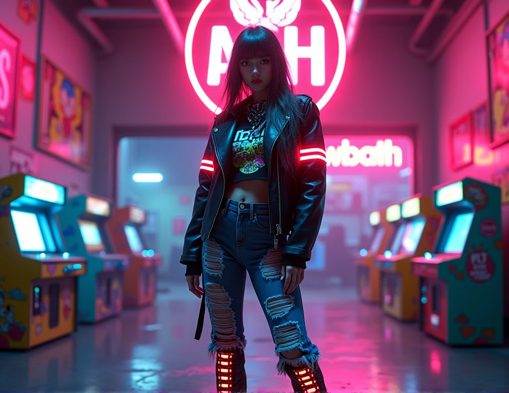 [Subject: Futuristic Outfit Photography] A photorealistic image featuring a futuristic outfit with a black leather jacket adorned with pulsating neon red stripes, paired with high-waisted, distressed jeans that incorporate digital patches displaying animated patterns. The jacket is layered over a cropped retro graphic tee with holographic designs that shift colors. The look is completed with high-tech combat boots that have dynamic holographic flames on the sides, and a neon bandana that glows faintly, tied around the neck. The scene is set in an abandoned warehouse repurposed into a high-tech hideout, bathed in vibrant neon lights. The environment is filled with retro-futuristic tech, vintage arcade machines with holographic screens, and walls covered in animated graffiti and interactive retro posters. A large, glitching neon sign flickers overhead, casting a futuristic, surreal glow. [Lighting: Pulsating neon with dynamic reflections] [Camera: Wide-angle shot] [Resolution: 8k, hyper-realistic] [Style: Futuristic cyberpunk, high-tech streetwear, Instagram-ready] [Inspiration: Tron Legacy, Cyberpunk 2077, Futurism].
