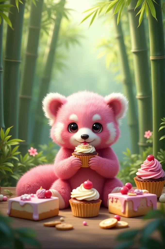 Images of a pink panda eating cakes and cupcakes in the middle of a very realistic bamboo forest