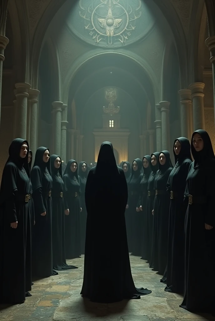 Create a detailed scene depicting the Bene Gesserit sisterhood from the Dune universe. The setting is a dimly lit, ancient chamber with high vaulted ceilings and walls adorned with intricate symbols and tapestries that reflect the sisterhood's long history and secretive nature. In the center of the room, a group of Bene Gesserit sisters stands in a semi-circle, dressed in elegant yet austere robes of deep black and dark gray, their faces partially obscured by hoods. Each sister's expression is calm and composed, their eyes sharp and penetrating, reflecting their intense training in mental and physical discipline. The Reverend Mother, distinguished by a slightly more ornate robe and a commanding presence, stands at the forefront, leading a solemn ritual or discussion. The atmosphere is heavy with the weight of their secretive knowledge and the silent power they wield behind the scenes of the universe's great houses. Soft, ambient light filters through the room, casting long shadows that add to the mysterious and formidable aura of the Bene Gesserit sisterhood