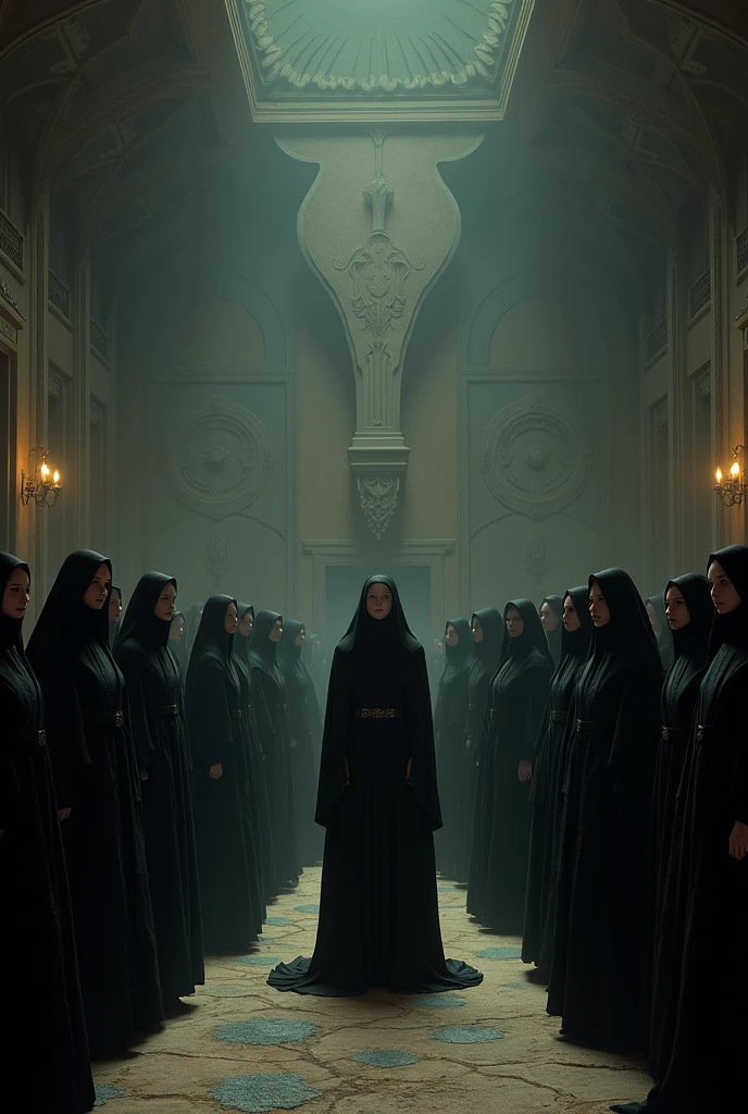 Create a detailed scene depicting the Bene Gesserit sisterhood from the Dune universe. The setting is a dimly lit, ancient chamber with high vaulted ceilings and walls adorned with intricate symbols and tapestries that reflect the sisterhood's long history and secretive nature. In the center of the room, a group of Bene Gesserit sisters stands in a semi-circle, dressed in elegant yet austere robes of deep black and dark gray, their faces partially obscured by hoods. Each sister's expression is calm and composed, their eyes sharp and penetrating, reflecting their intense training in mental and physical discipline. The Reverend Mother, distinguished by a slightly more ornate robe and a commanding presence, stands at the forefront, leading a solemn ritual or discussion. The atmosphere is heavy with the weight of their secretive knowledge and the silent power they wield behind the scenes of the universe's great houses. Soft, ambient light filters through the room, casting long shadows that add to the mysterious and formidable aura of the Bene Gesserit sisterhood