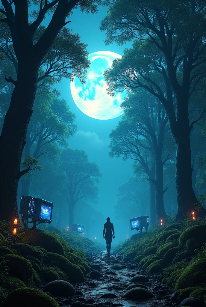 Forest at night with a full moon, cyberpunk style