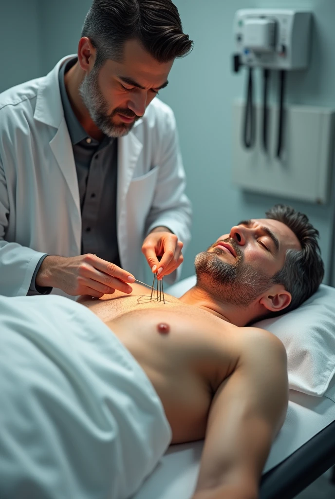 an adult acupuncturist working with a patient, photorealistic. super long and thick needles going through the patients lungs
