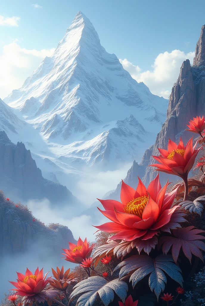 Red-brown music flowers, dragon scale flowers at the foot of a snow mountain