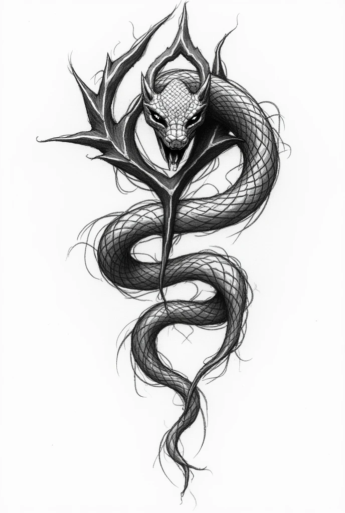A snake tatto with te symbol of Chao's all in the sketch form, , behind the Snake is the symbol of Chaos,the snake coils around the symbol, in sketch style