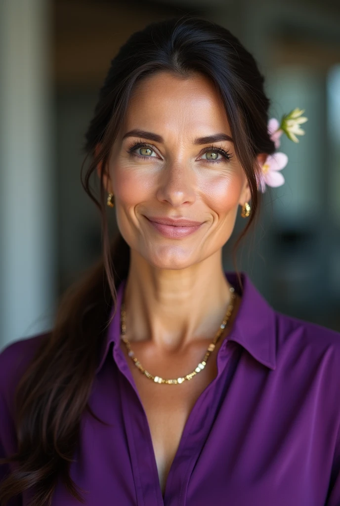 Image of a 40 year old Brazilian woman, Brunetette, clear eyes, tied hair, smirk on face, flower in hair, gold necklace around the neck and classic purple dress, in a corporate environment.