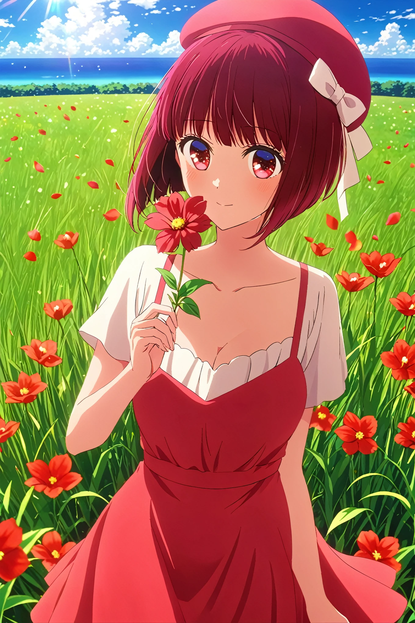 1girl, kana arima, mature female, short hair, bangs, red eyes, red hair, bob cut, red headwear, solo, red sundress, petals, holding flower, ray tracing, grass, horizon, standing, please fix image, anime screencap