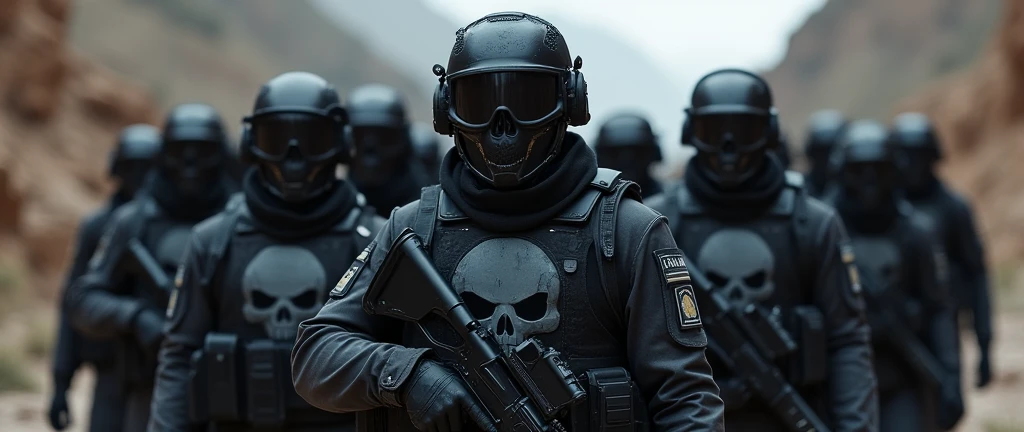 Now create an elite army troop, task force 141 style with BLACK uniform and skull symbol
