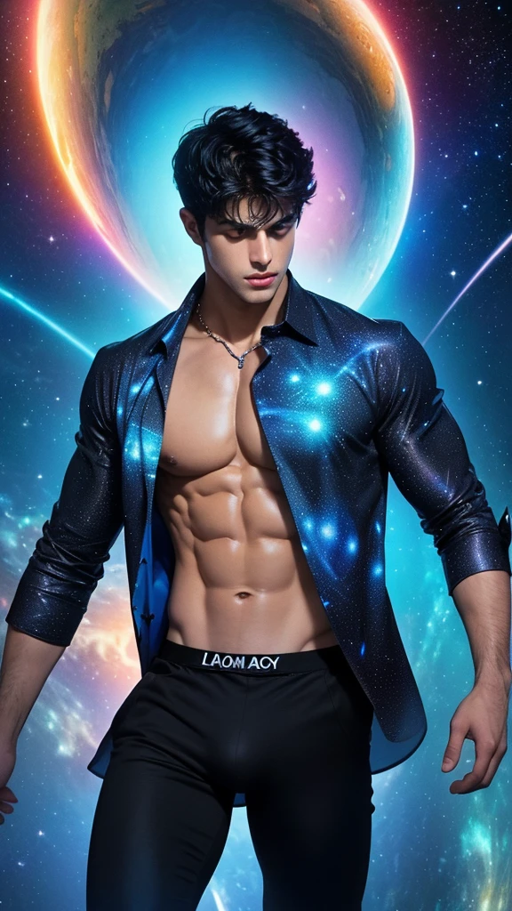 (1980s anime), Cosmic Fallen Angel, glowing light eyes, Biomechanical, eerie, Creepy, nightmarish, Very bright colors, Light particles, with light glowing, Mshiff, wallpaper art, UHD wallpaper, (masterpiece, high resolution, detailed:1.3), a mesmerizing depiction of a (strikingly handsome young man:1.5, (face: Matthew Daddario)) donning (cosmic print shirt and black pants, bulge:1.5), (open shirt showcasing chest and abs: 1.5), gorgeous, beautiful, wet, muscular, breathtaking grandeur, best quality, his (toned physique:1.5) is bathed in the soft glow of distant stars, and a hot glow in his skin, creating an otherworldly aura. As he sexually gazes out into the depths of space, his (intense blue eyes:1.2) reflect the wonder and curiosity of his cosmic journey. The intricate details of his attire and the (subtle gleam:1.2) on his skin are meticulously captured, lending an air of realism to the scene. (Sexiest pose: 1.5)