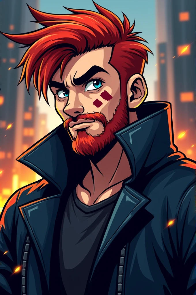 Create me a mascot logo where the mascot is a gamer boy with red hair and a black coat and a thin beard and three scars on his left eye