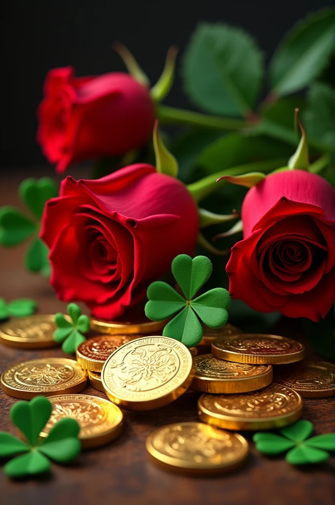 gold-coins,  red roses and four leaf clovers 