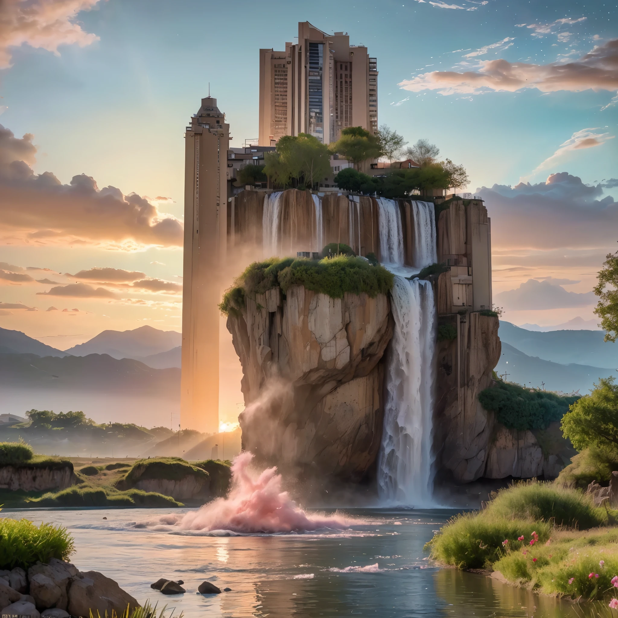 (8k, highest quality, masterpiece, final fantasy style: 1.2), (unRealistic, photoRealistic: 1.37), Dreamy landscape, epic scenes, sunset, Fantasy, Unsurreal landscapes, Super detailed, Flying futuristic Castle, Floating Island in the Sky, Seven-colored swirl of light, Intense lightning, nebulas,Complex Light, Colored light, blue clear Large Lake, Starry sky reflected on the lake surface, Countless shining stars, Meteors, Reflections , (A pillar of light emanated from the ground:1,2), (((roses and orchids gardens , bright sunset, pink and blue clouds, waterfalls in the sky, realistic style))), Hyperrealistic drawing , burning futuristic skyscrapers, , timeless realms, healing light magic effect, in a crystal clear blue magical lagoon of the fairyland, crystal clear waters with silver surface reflections, sharp focus, (close-up:0.9), (bright white theme:1.2), (bright white tone:1.2), (deep blue tone:1.3),((( realistic, Hyperrealism, vivid colours , landscapes , alien nature , science fiction themes))), mountains and abyss, water resources and waterfalls , fog ,
