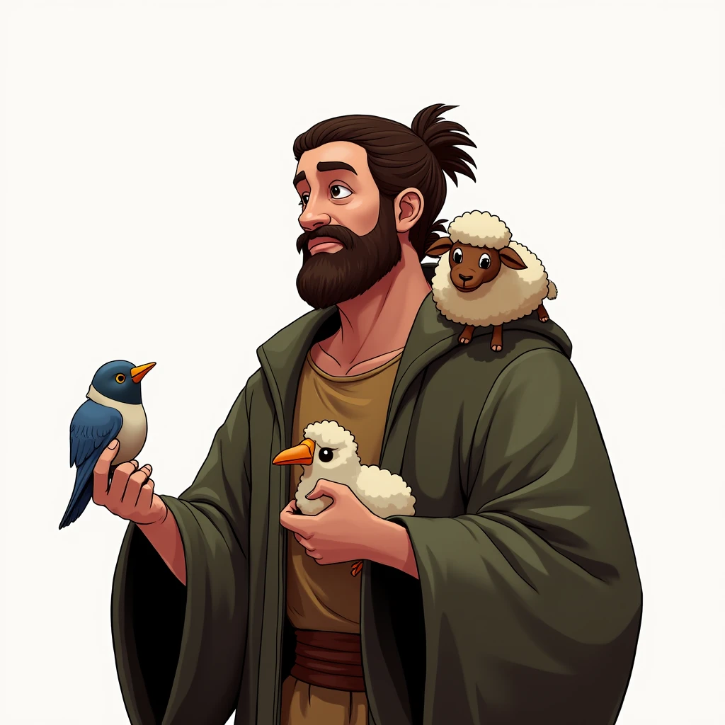 based on the reference image, create a background with several animals in the scene and that same character paying attention to the animals, a wolf, bird and sheep fundo dourado
