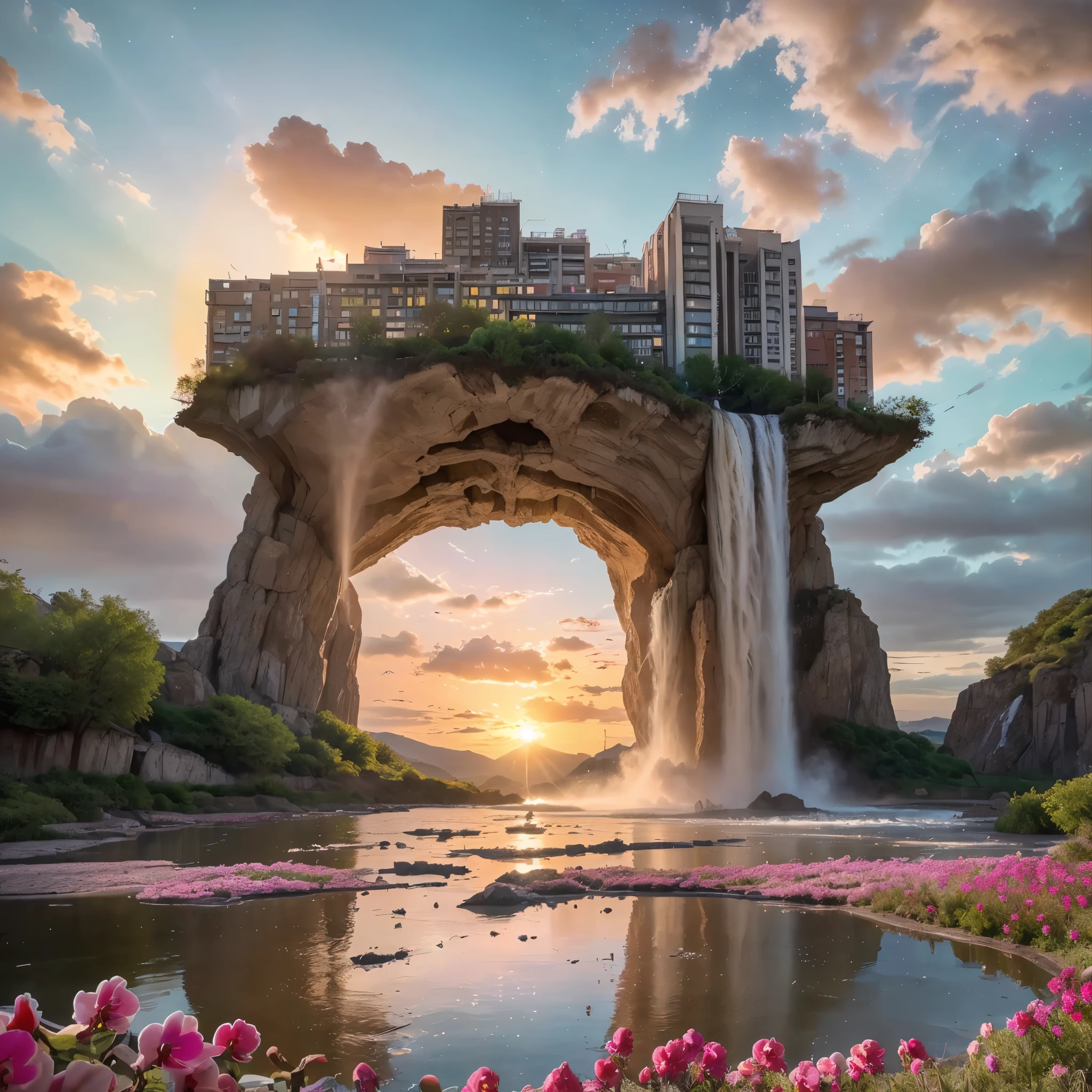 (8k, highest quality, masterpiece, final fantasy style: 1.2), (unRealistic, photoRealistic: 1.37), Dreamy landscape, epic scenes, sunset, Fantasy, Unsurreal landscapes, Super detailed, Flying futuristic Castle, Floating Island in the Sky, Seven-colored swirl of light, Intense lightning, nebulas,Complex Light, Colored light, blue clear Large Lake, Starry sky reflected on the lake surface, Countless shining stars, Meteors, Reflections , (A pillar of light emanated from the ground:1,2), (((roses and orchids gardens , bright sunset, pink and blue clouds, waterfalls in the sky, realistic style))), Hyperrealistic drawing , burning futuristic skyscrapers, , timeless realms, healing light magic effect, in a crystal clear blue magical lagoon of the fairyland, crystal clear waters with silver surface reflections, sharp focus, (close-up:0.9), (bright white theme:1.2), (bright white tone:1.2), (deep blue tone:1.3),((( realistic, Hyperrealism, vivid colours , landscapes , alien nature , science fiction themes))), mountains and abyss, water resources and waterfalls , fog ,