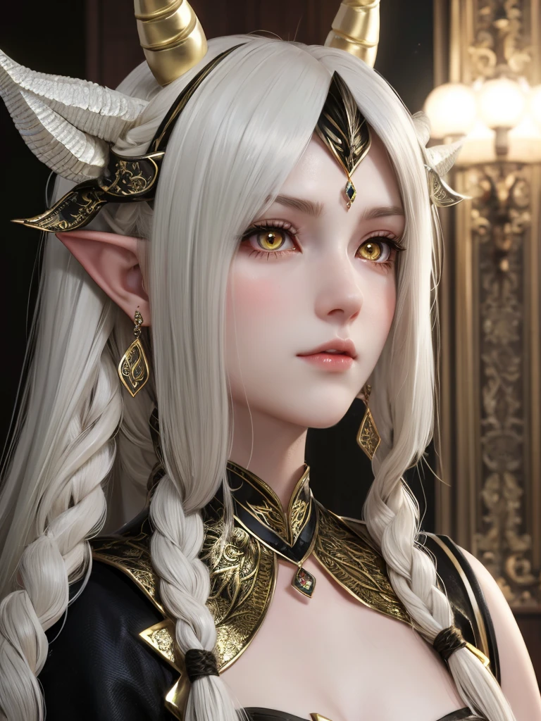 anime art, 1girl, solo, long hair, looking at viewer, jewelry, closed mouth, yellow eyes, braid, white hair, male focus, earrings, horns, pointy ears, lips, slit pupils, elf, portrait, close-up, scales