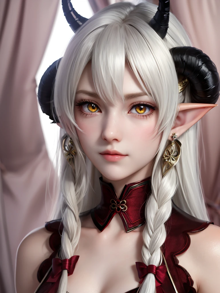 anime art, 1girl, solo, long hair, looking at viewer, jewelry, closed mouth, yellow eyes, braid, white hair, male focus, earrings, horns, pointy ears, lips, slit pupils, elf, portrait, close-up, scales