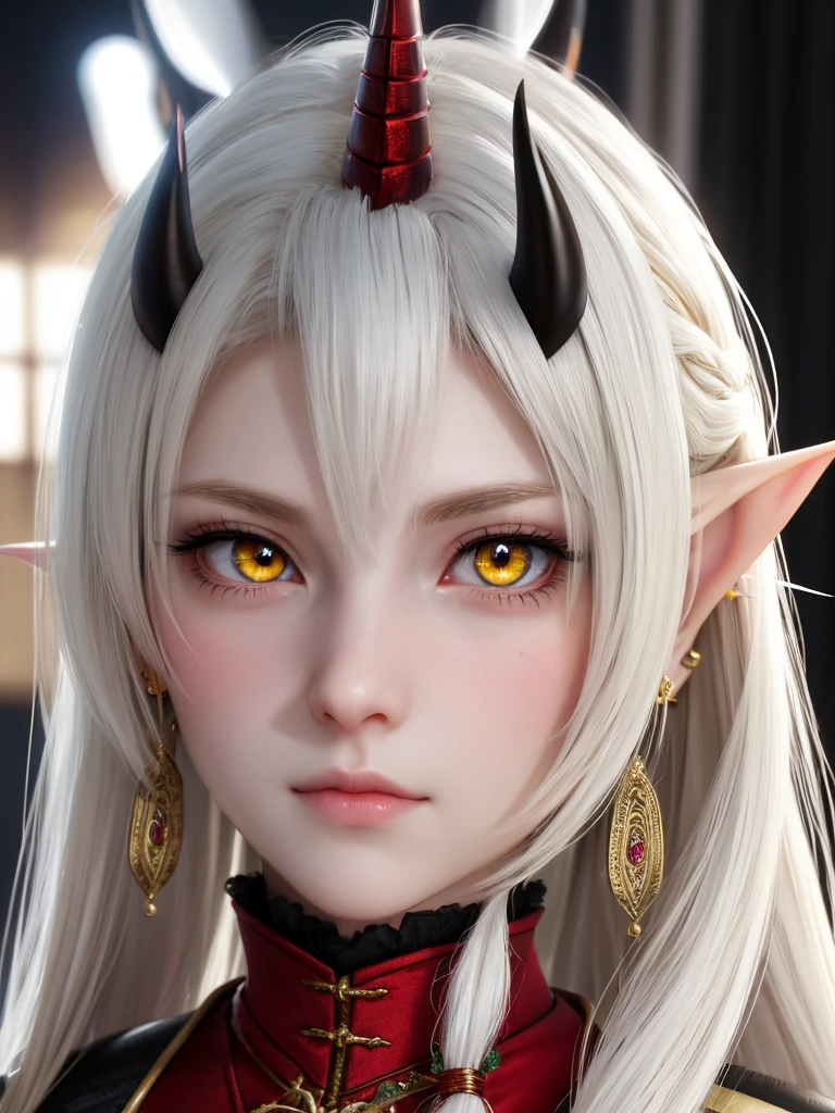 anime art, 1girl, solo, long hair, looking at viewer, jewelry, closed mouth, yellow eyes, braid, white hair, male focus, earrings, horns, pointy ears, lips, slit pupils, elf, portrait, close-up, scales