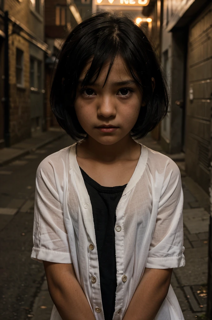 8 girl, short black hair, Brown eyes, Alone on a dark street at night and afraid and confused, how does it