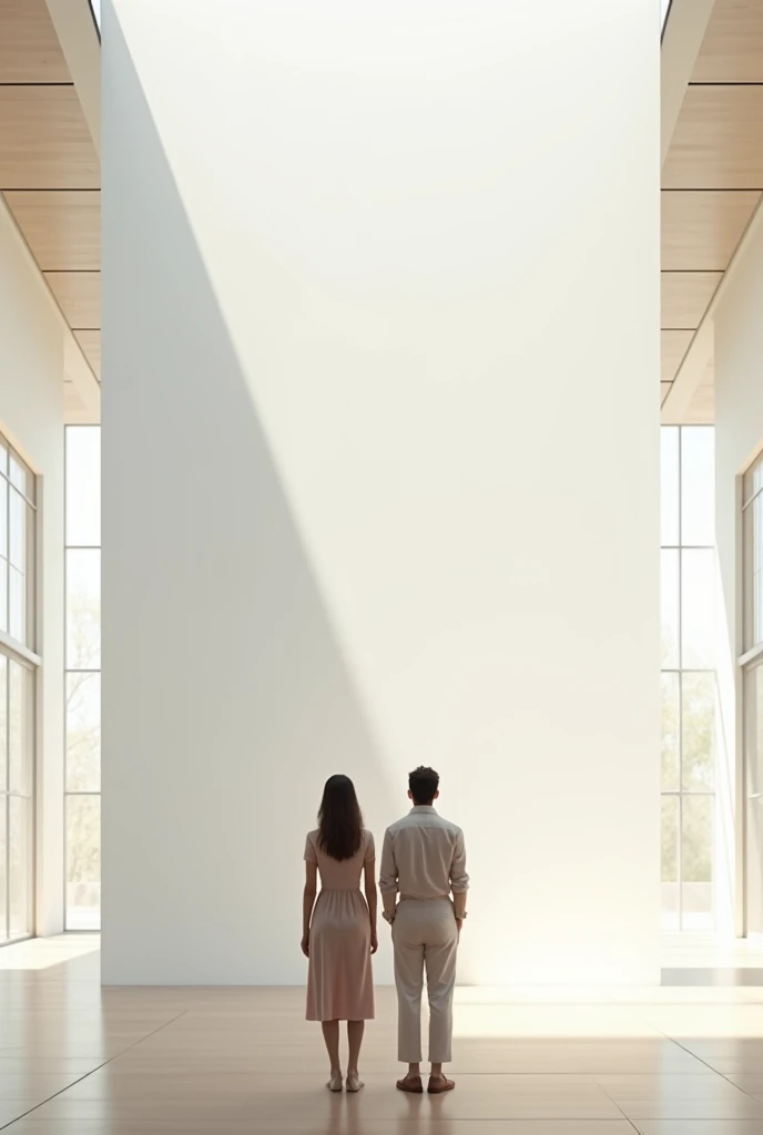 Create a room with windows on the sides, make a wall white, Place two people next to the wall observing it and they are amazed by how beautiful it looks..