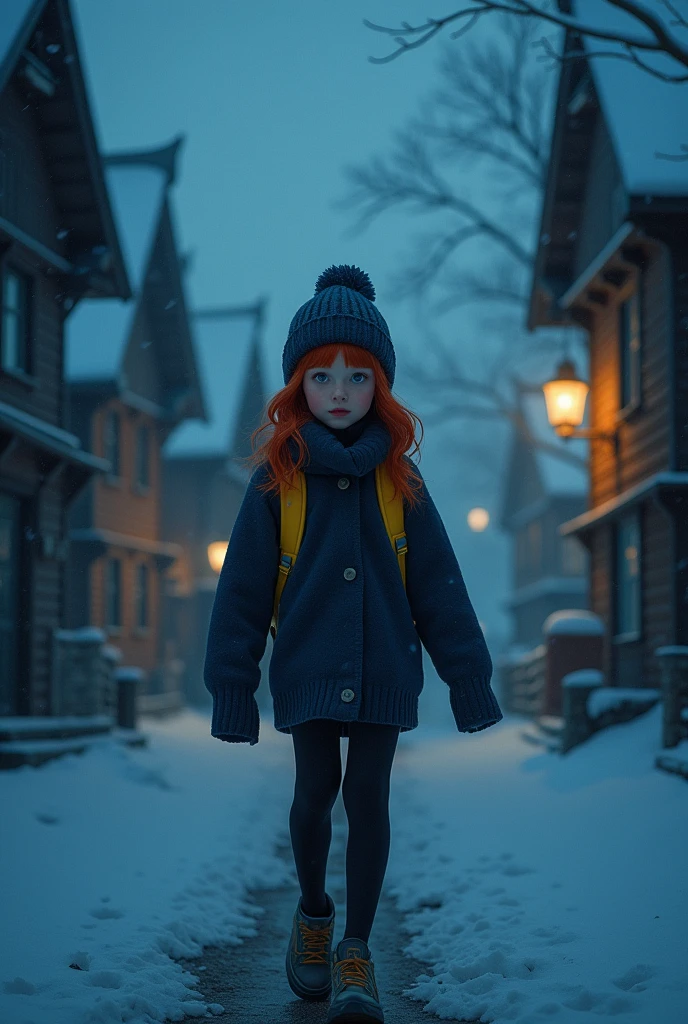 (masterpiece, best quality:1.4), cinematic light, colorful, high contrast, 4k master piece, high detail, night time, dark, exterior of a red haired girl with blue eyes, wearing a dark blue sweater and beanie, with black tights and wearing a yellow backpack, walking through an empty snowy village at night, dark, scary, foggy and snowing, dramatic framing