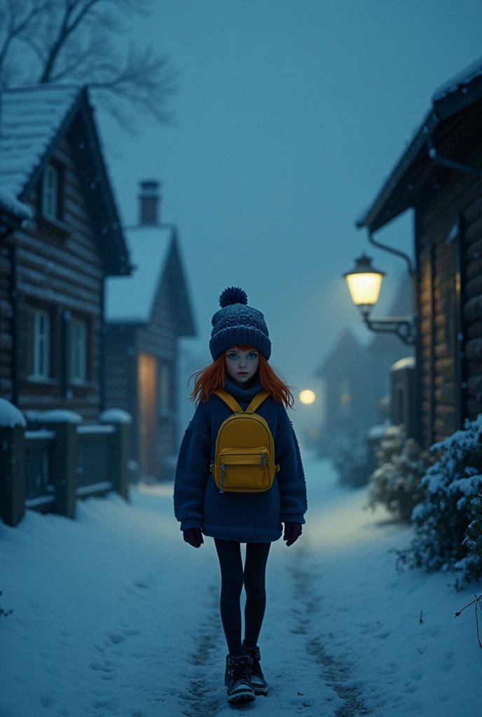 (masterpiece, best quality:1.4), cinematic light, colorful, high contrast, 4k master piece, high detail, night time, dark, exterior of a red haired girl with blue eyes, wearing a dark blue sweater and beanie, with black tights and wearing a yellow backpack, walking through an empty snowy village at night, dark, scary, foggy and snowing, dramatic framing