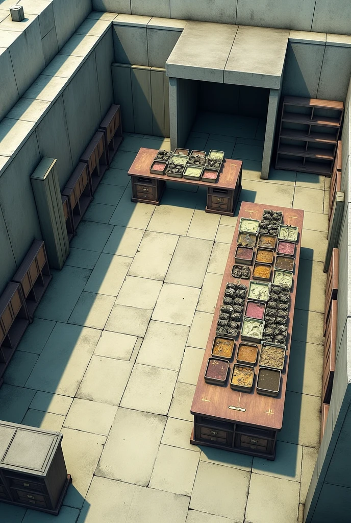 a cemented area, with a single wall on the left side and the rest of the sides open, partially covered by a roof, with a central table and several shelves and boxes on the sides. In the roofless area, a long table on which trays full of biological samples are arranged.
