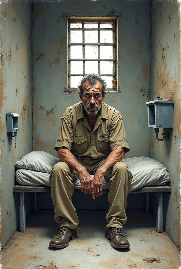 drawn in the form of a colored drawing, a prisoner in a small prison cell