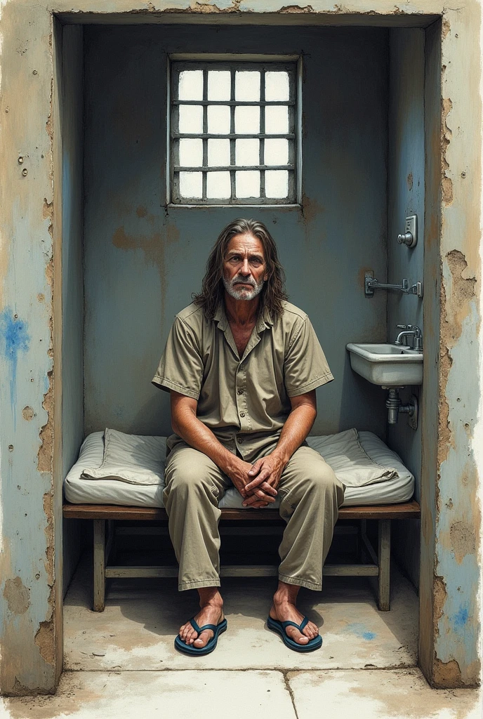 drawn in the form of a colored drawing, a prisoner in a small prison cell