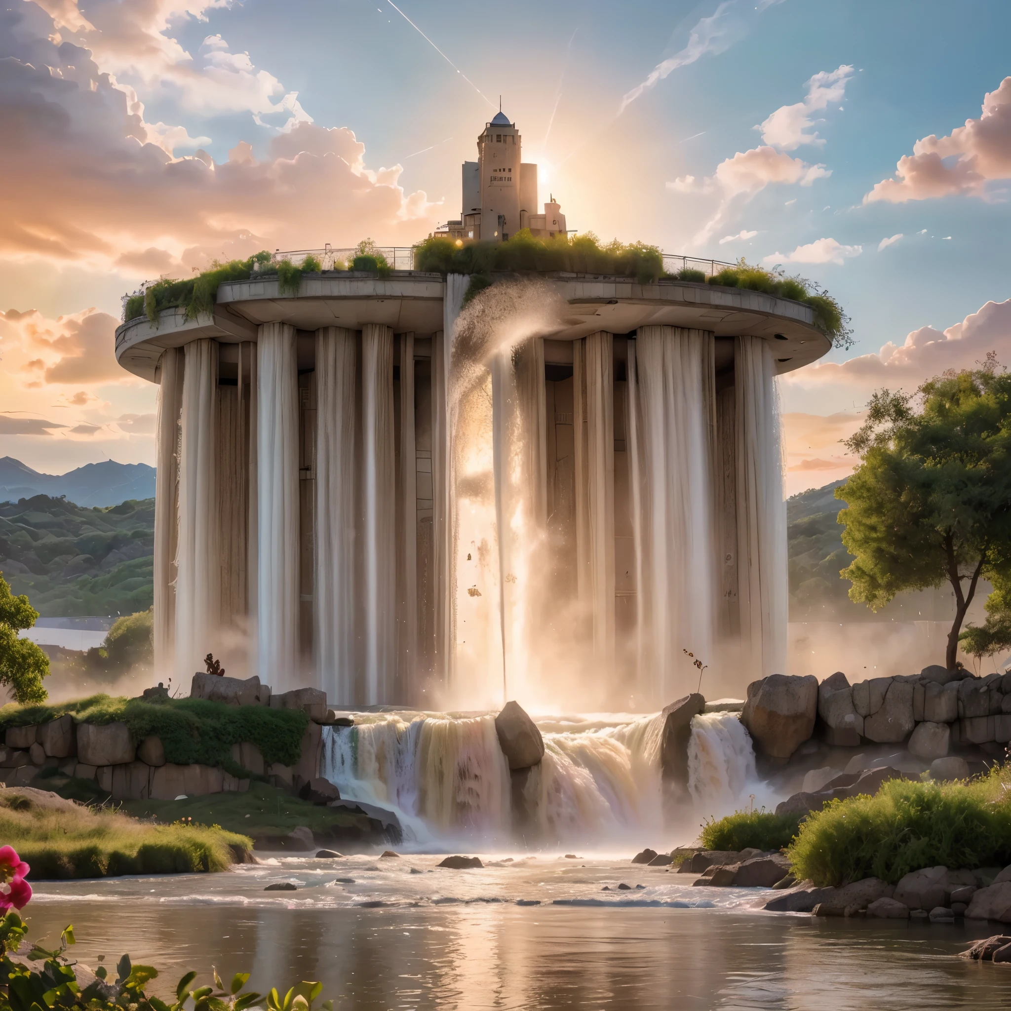 (8k, highest quality, masterpiece, final fantasy style: 1.2), (unRealistic, photoRealistic: 1.37), Dreamy landscape, epic scenes, sunset, Fantasy, Unsurreal landscapes, Super detailed, Flying futuristic Castle, Floating Island in the Sky, Seven-colored swirl of light, Intense lightning, nebulas,Complex Light, Colored light, blue clear Large Lake, Starry sky reflected on the lake surface, Countless shining stars, Meteors, Reflections , (A pillar of light emanated from the ground:1,2), (((roses and orchids gardens , bright sunset, pink and blue clouds, waterfalls in the sky, realistic style))), Hyperrealistic drawing , burning futuristic skyscrapers, , timeless realms, healing light magic effect, in a crystal clear blue magical lagoon of the fairyland, crystal clear waters with silver surface reflections, sharp focus, (close-up:0.9), (bright white theme:1.2), (bright white tone:1.2), (deep blue tone:1.3),((( realistic, Hyperrealism, vivid colours , landscapes , alien nature , science fiction themes))), mountains and abyss, water resources and waterfalls , fog ,