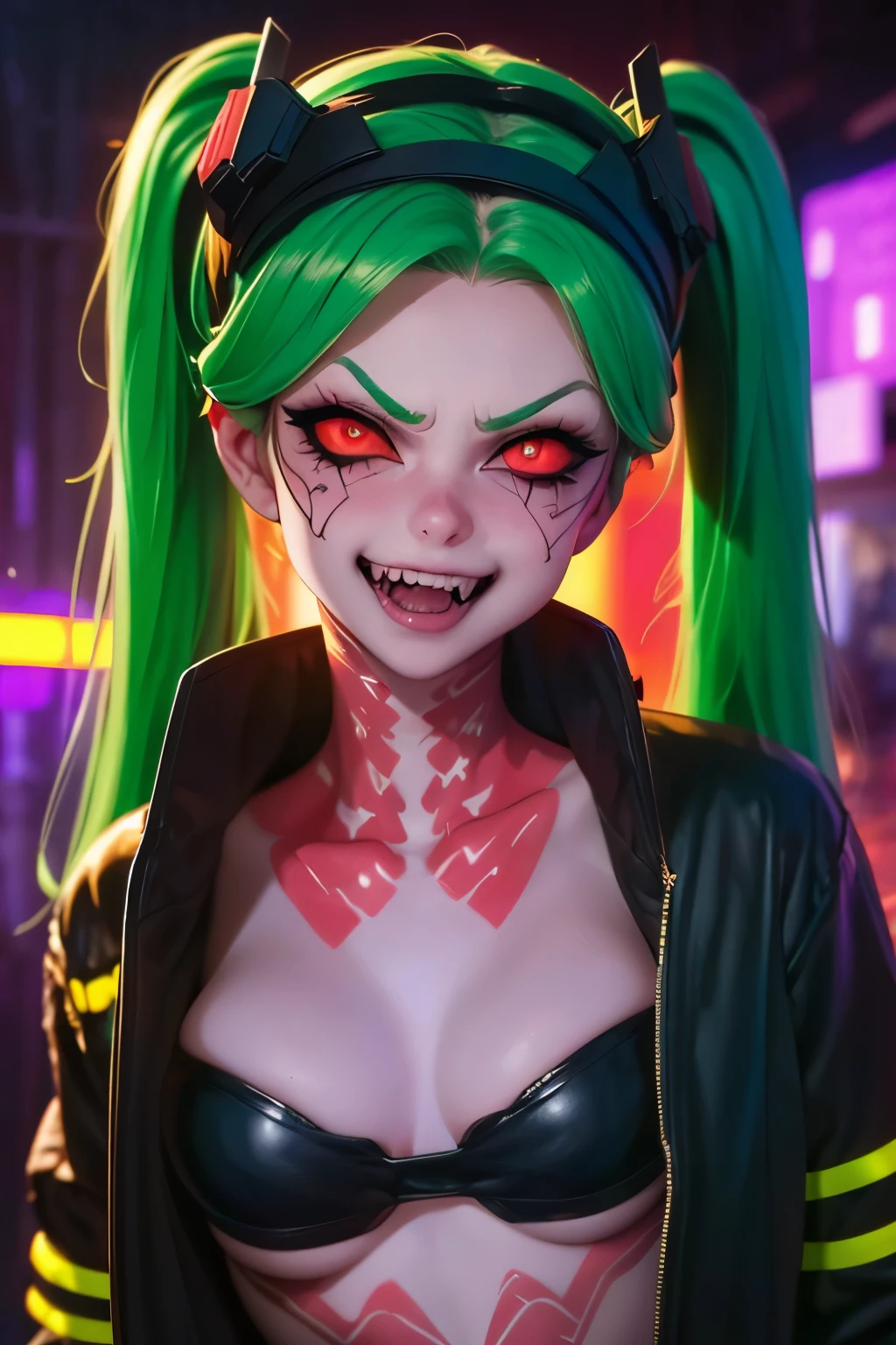 ((Close-up face)). Rebecca, 1girl, young girl, 1 , futuristic cyberpunk, lewd grin, (twin tail, hairband, colored sclera, red sclera, green hair, green pupils, fang, red eyes, wearing a little sexy clothes, black croped jacket ), ((psycho face, creppy smiling. Angry face )), cinematic, ultra highly detailed, beautiful details, vivid, saturated colors, filigree detailed, tiny details, pop surrealism, cowboy shot. ((Blast cyberpunk city background ))