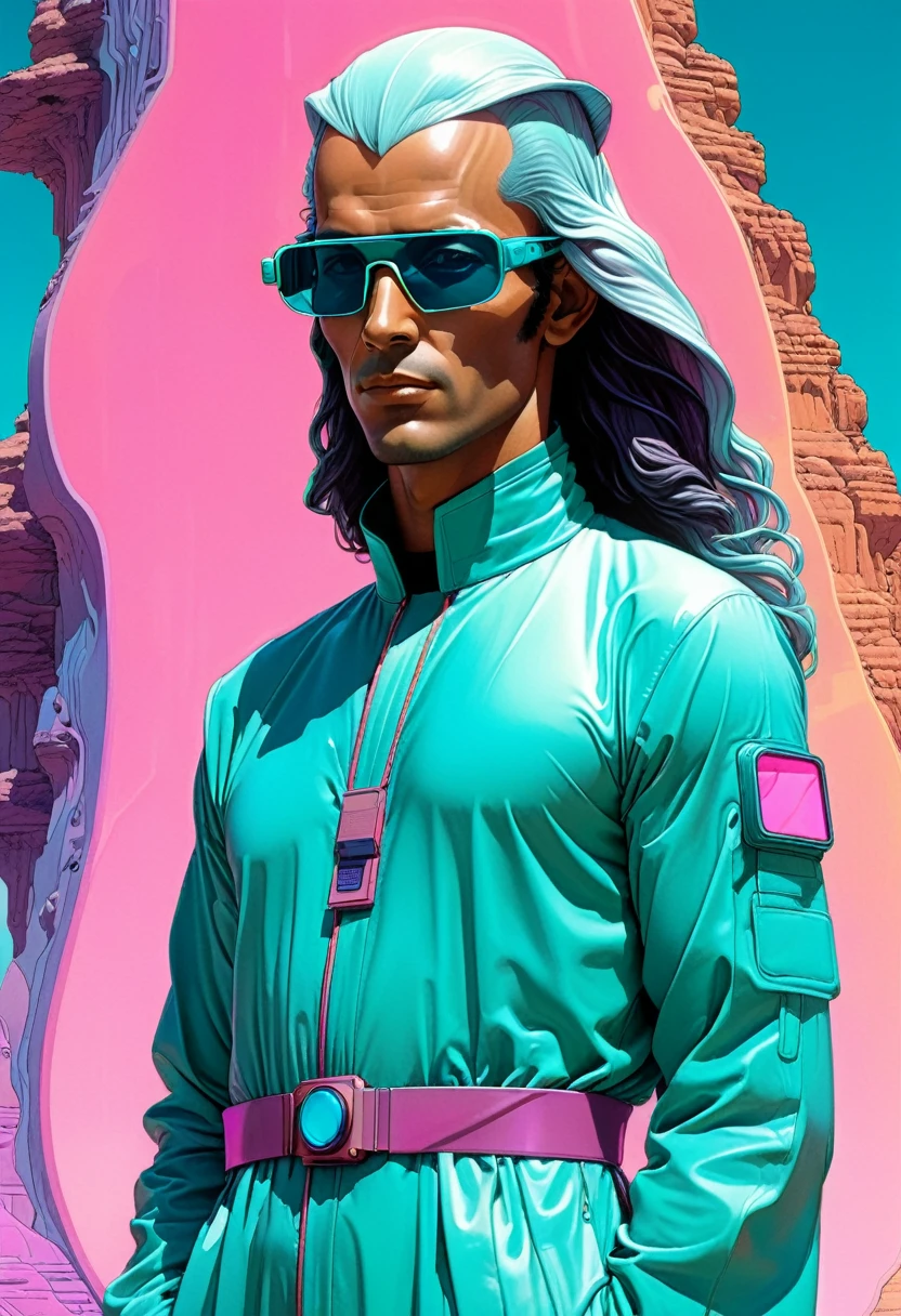 **Moebius (Jean Giraud) Style - An otherworldly portrait by Jean Giraud Moebius, ((masterpiece)), ((best quality)), (highest quality masterpiece), (masterpiece), 
(masterpiece, best quality), in a futuristic style. A male Saudi Arabian character featured in a solo fashion photoshoot, blending traditional elements with 1980s cyberpunk attire. He wears a sleek, tech-infused thobe with neon trims and augmented reality glasses. The background is a simple, one-color matte finish in a teal hue, adding to the vaporwave aesthetics. The overall image is filtered to have a synthwave aesthetic, with soft neon lighting and a subtle glow around the character... PsyAI, Psychedelic, Visionary art, DMT, 
and LSD style by Moebius.**