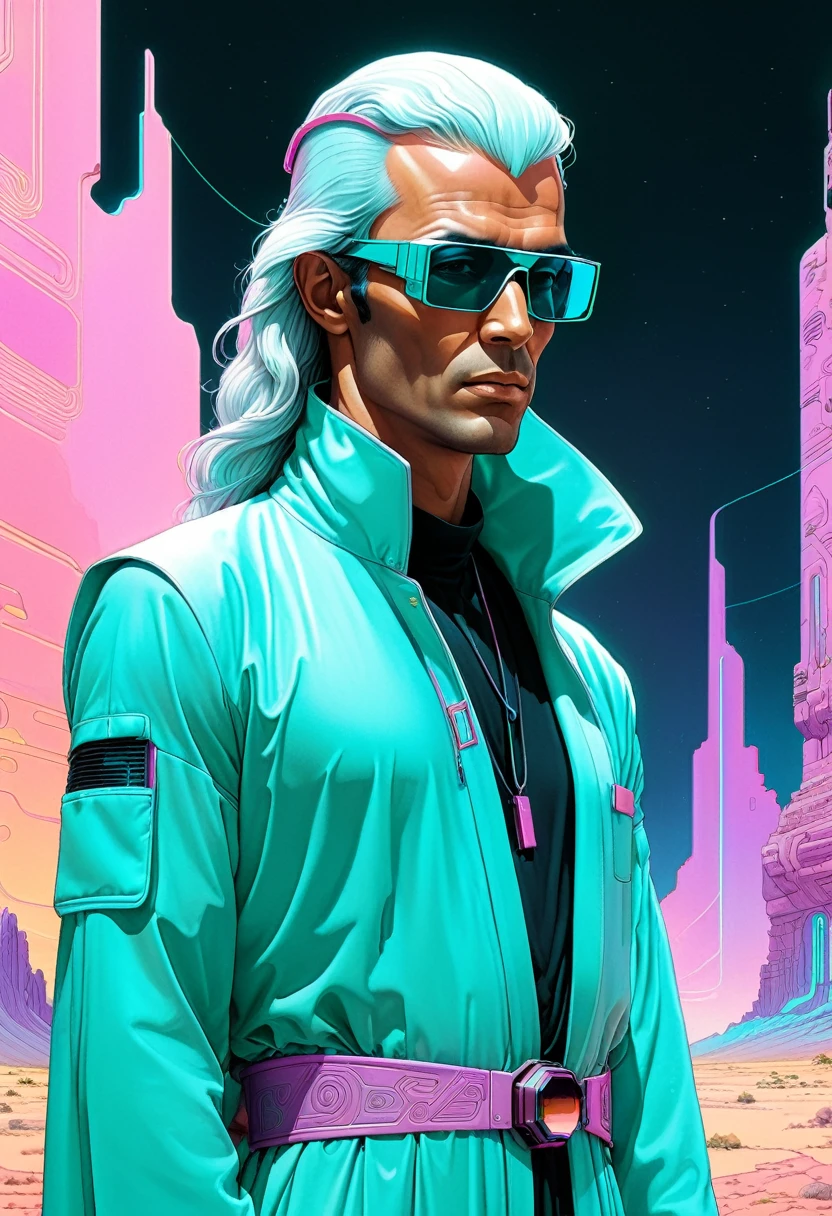 **Moebius (Jean Giraud) Style - An otherworldly portrait by Jean Giraud Moebius, ((masterpiece)), ((best quality)), (highest quality masterpiece), (masterpiece),
(masterpiece, best quality), in a futuristic style. A male Saudi Arabian character featured in a solo fashion photoshoot, blending traditional elements with 1980s cyberpunk attire. He wears a sleek, tech-infused thobe with neon trims and augmented reality glasses. The background is a simple, one-color matte finish in a teal hue, adding to the vaporwave aesthetics. The overall image is filtered to have a synthwave aesthetic, with soft neon lighting and a subtle glow around the character... PsyAI, Psychedelic, Visionary art, DMT,
and LSD style by Moebius.**