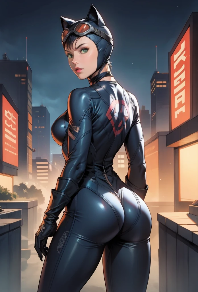 perfect eyes:1.2, detailed eyes:1.4, catwoman, bodysuit, green eyes, goggles on headwear, helmet, cat ears, cowboy shot, 1girl, solo, (masterpiece:1.6, best quality), 8k, insane details, intricate details, hyperdetailed, hyper quality, high detail, ultra detailed, professional, HDR, ray tracing reflection, cinematic lighting,