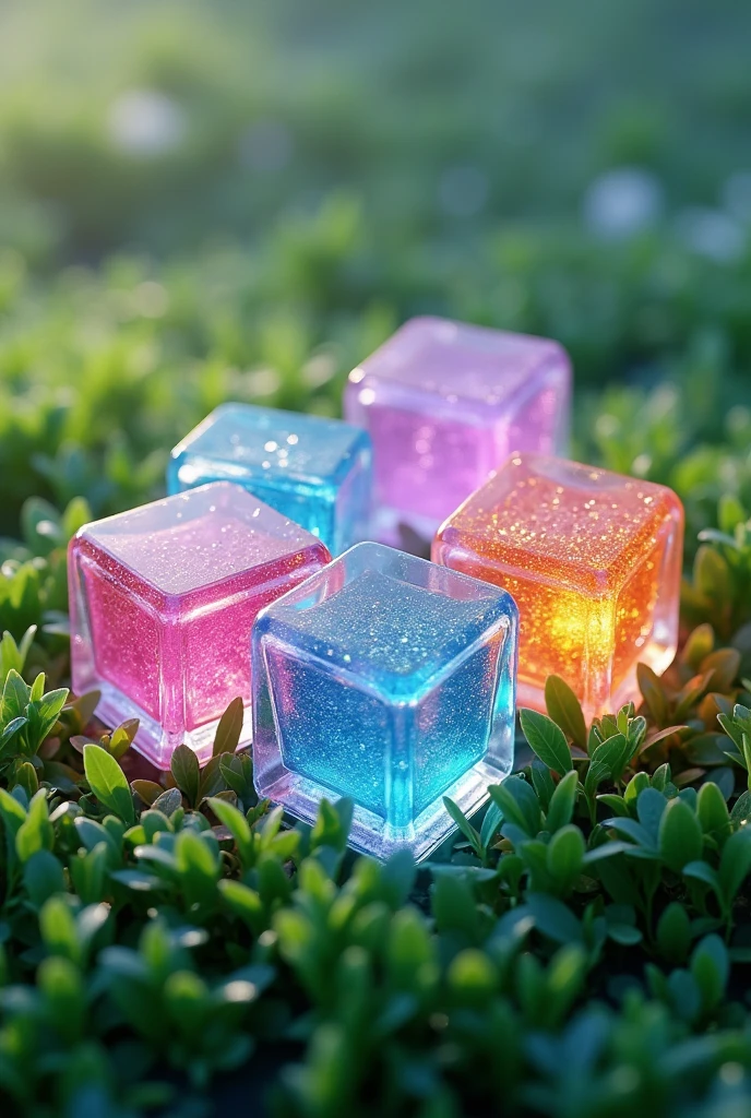Jelly glittery ice cubes on green grass 3d