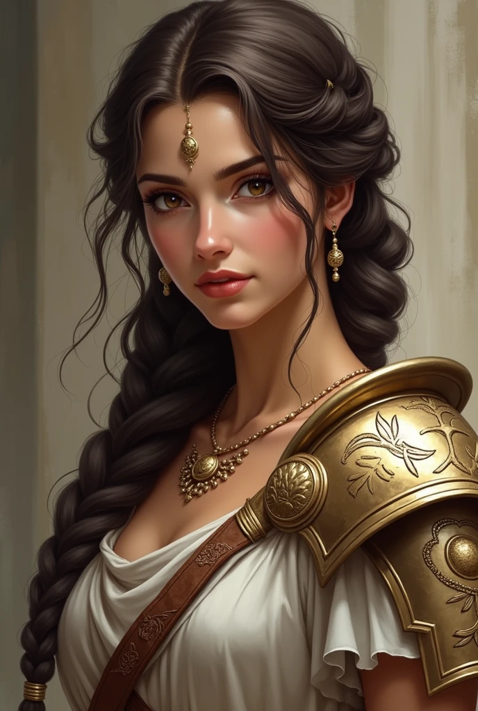 A 33-year-old woman with a serene beauty and an aura of wisdom. Her dark brown hair is braided in an elegant way., with a main braid that falls over her shoulder and a small side braid that frames her face. His eyes are a deep, piercing brown. She wears light armor, adorned with olive tree motifs and symbols of wisdom, and a simple tunic underneath, reflecting her role as goddess of strategy and justice.